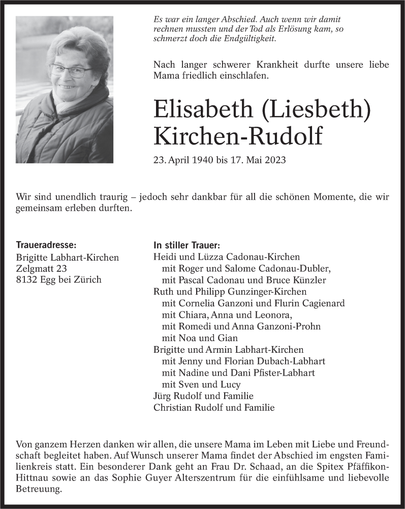  Traueranzeige für Elisabeth Kirchen-Rudolf vom 24.05.2023 aus AvU