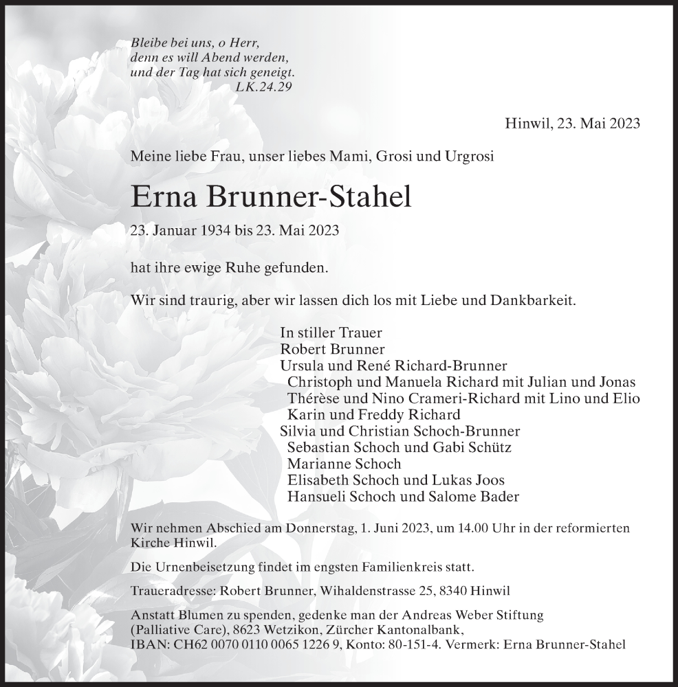  Traueranzeige für Erna Brunner-Stahel vom 26.05.2023 aus ZO solo