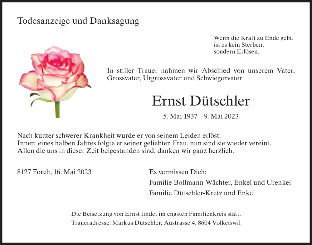  Traueranzeige für Ernst Dütschler vom 24.05.2023 aus AvU