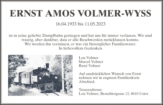 Traueranzeige von Ernst Amos Volmer-Wyss von AvU