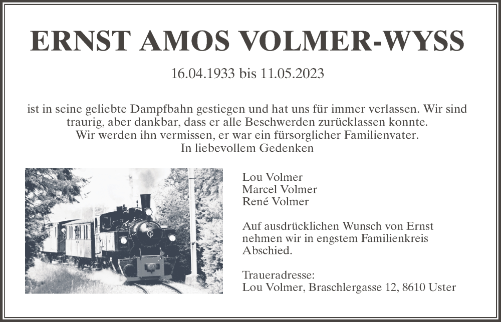  Traueranzeige für Ernst Amos Volmer-Wyss vom 24.05.2023 aus AvU