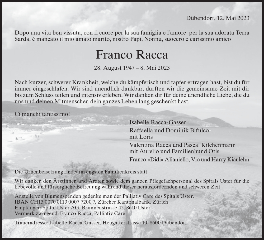  Traueranzeige für Franco Racca vom 12.05.2023 aus VO solo