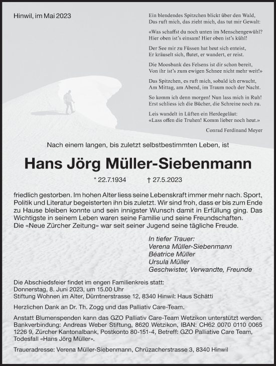 Traueranzeige von Hans Jörg Müller-Siebenmann von ZO solo