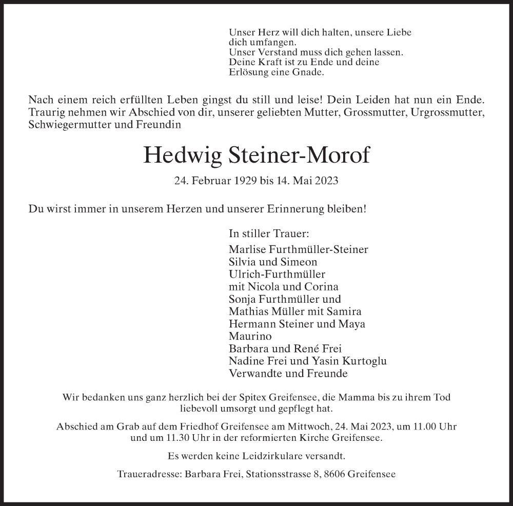  Traueranzeige für Hedwig Steiner-Morof vom 19.05.2023 aus ZO solo