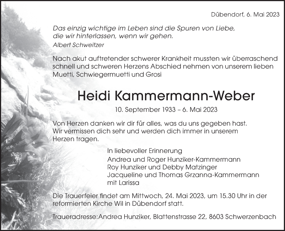  Traueranzeige für Heidi Kammermann-Weber vom 12.05.2023 aus VO solo