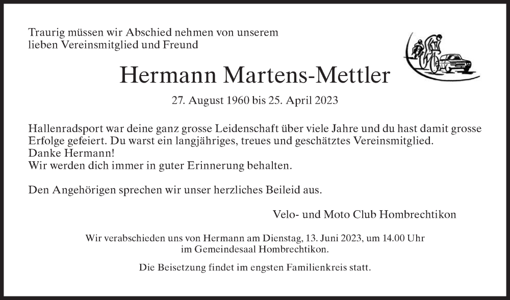 Traueranzeige für Hermann Martens-Mettler vom 31.05.2023 aus AvU