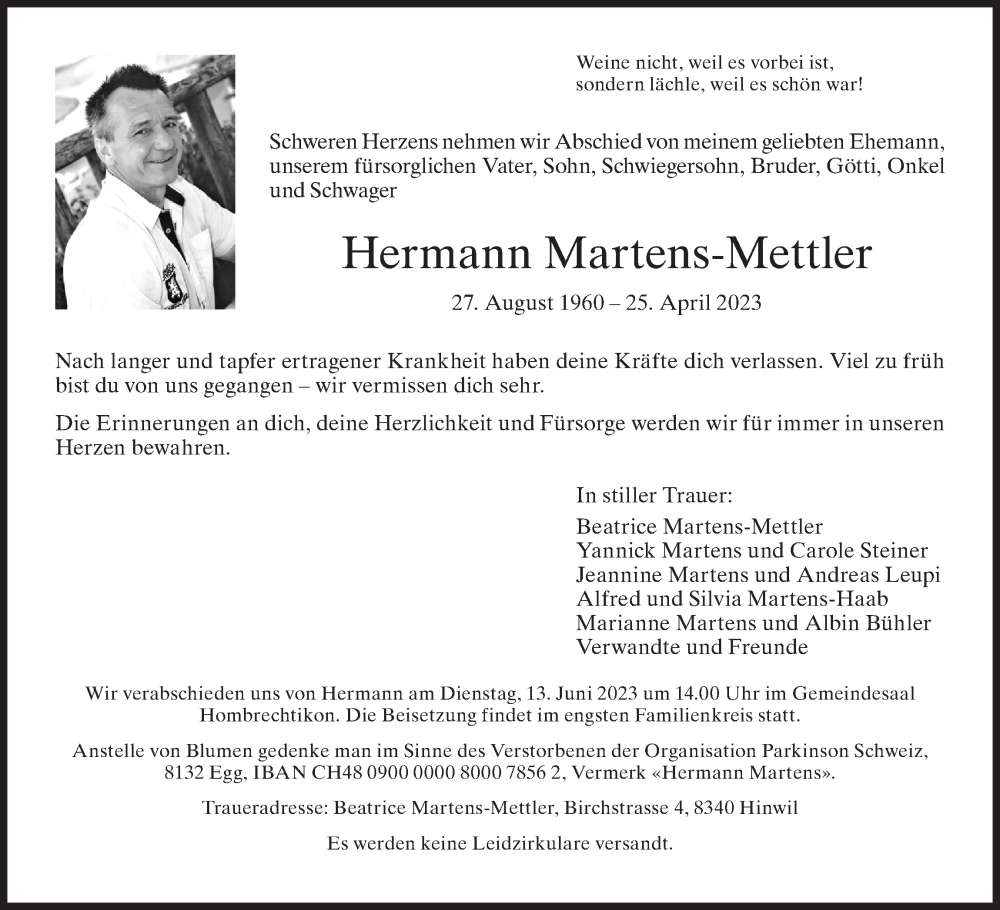  Traueranzeige für Hermann Martens-Mettler vom 24.05.2023 aus AvU