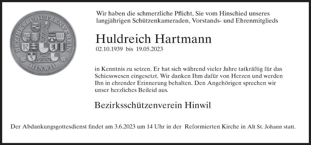  Traueranzeige für Huldreich Hartmann vom 31.05.2023 aus AvU