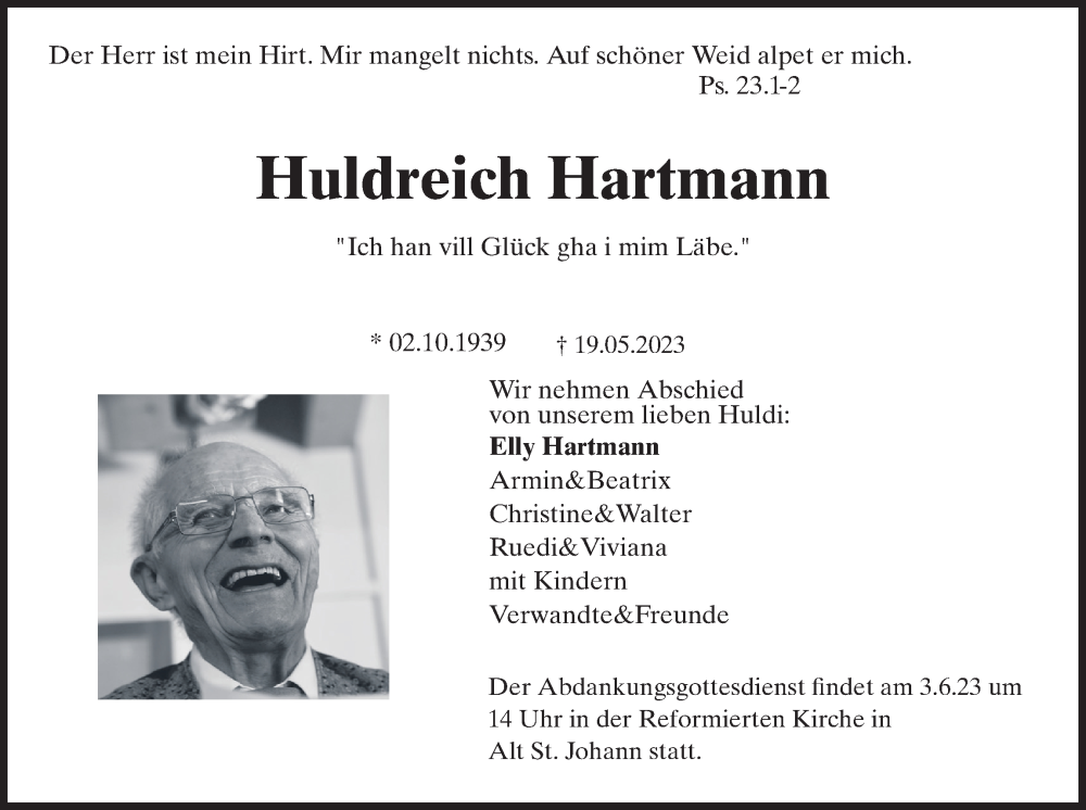  Traueranzeige für Huldreich Hartmann vom 24.05.2023 aus AvU