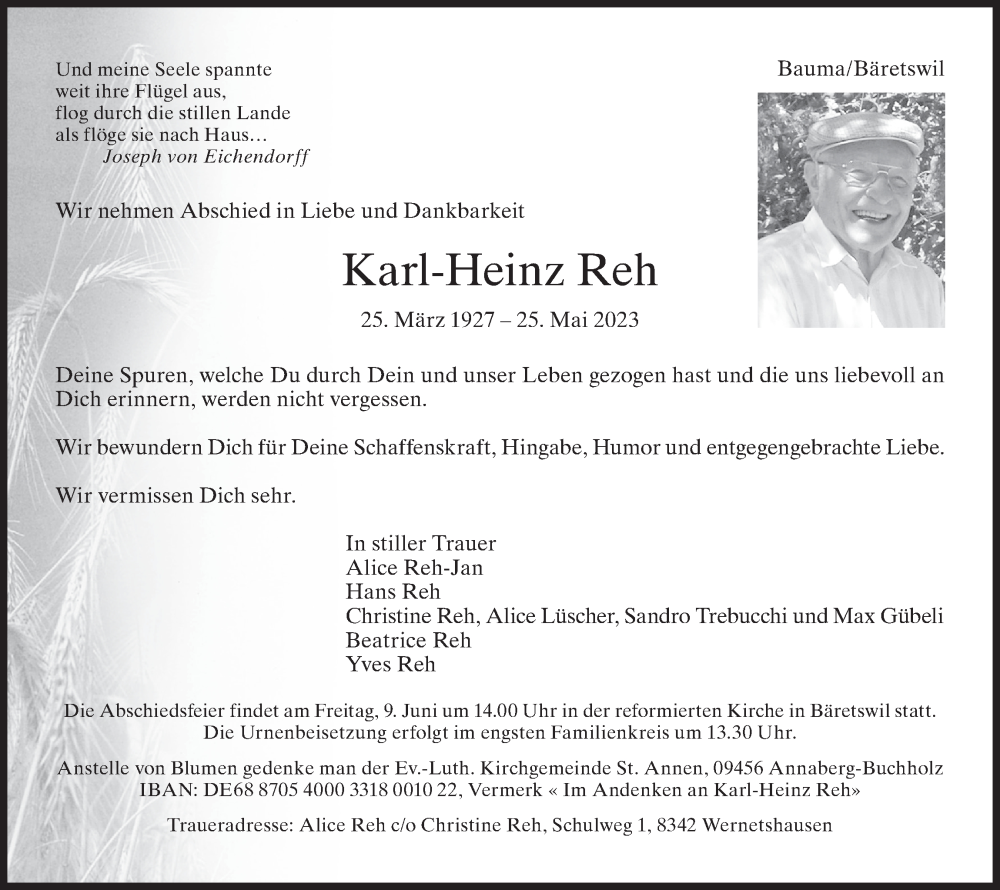  Traueranzeige für Karl-Heinz Reh vom 31.05.2023 aus AvU
