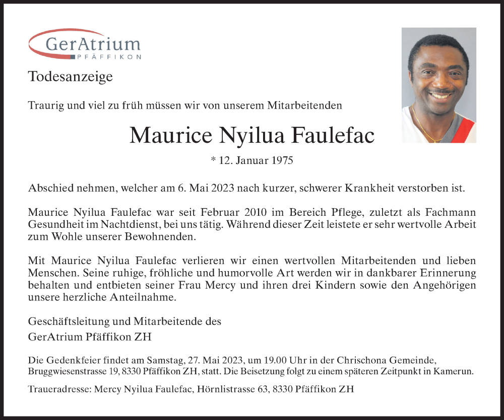  Traueranzeige für Maurice Nyilua Faulefac vom 26.05.2023 aus ZO solo