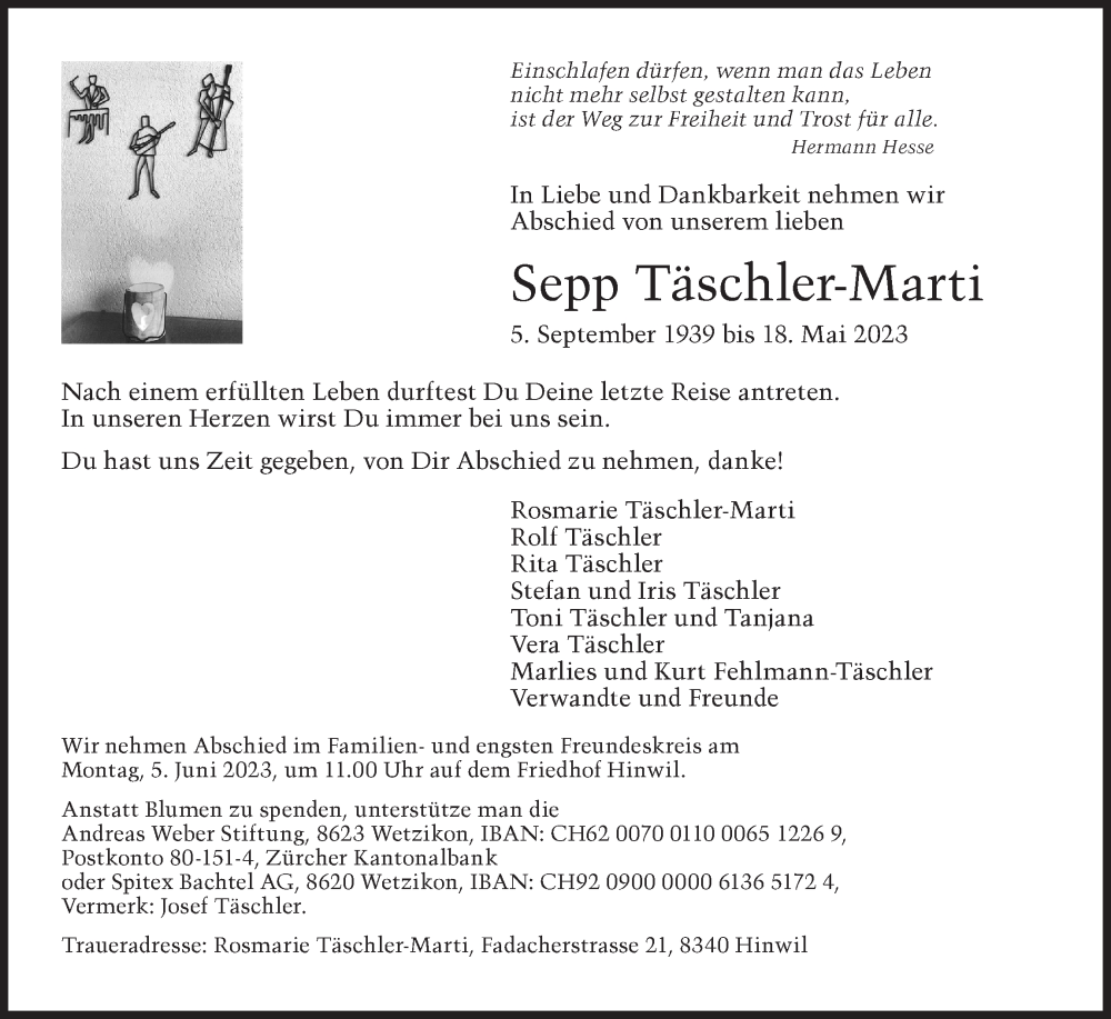 Traueranzeige für Sepp Täschler-Marti vom 24.05.2023 aus AvU