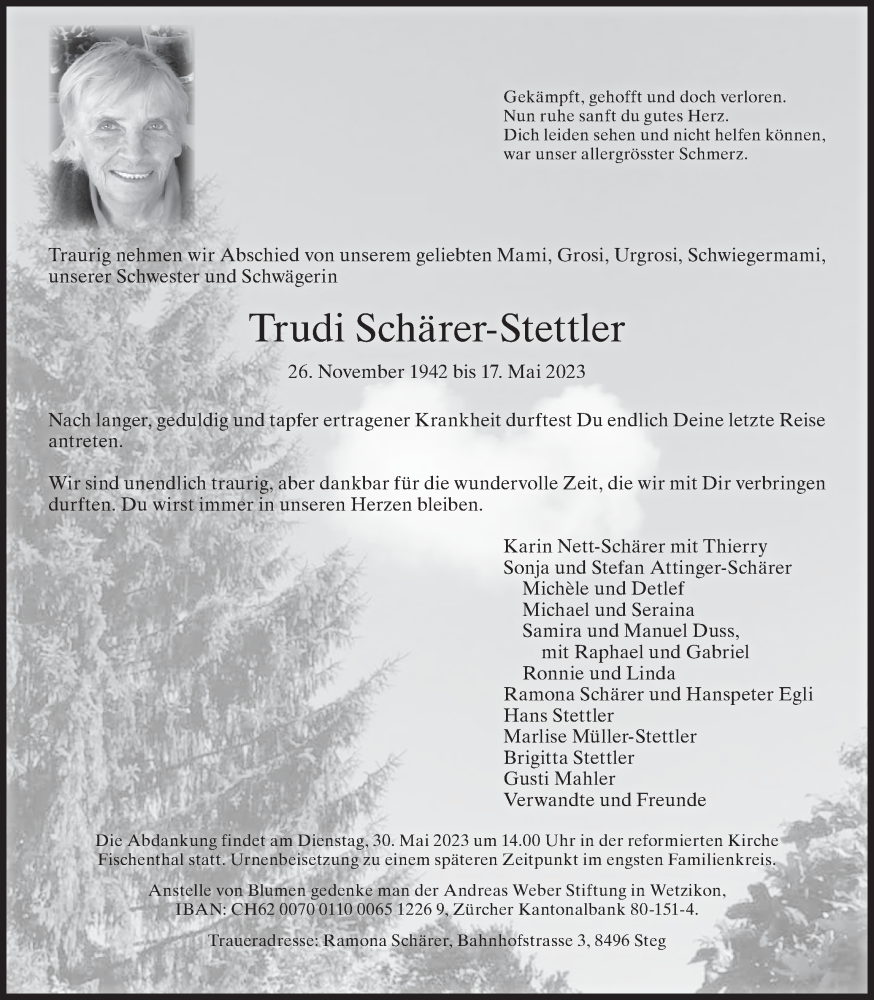 Traueranzeige für Trudi Schärer-Stettler vom 24.05.2023 aus AvU