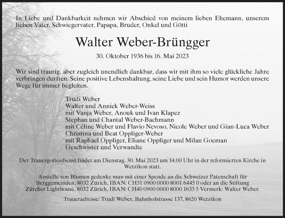  Traueranzeige für Walter Weber-Brüngger vom 24.05.2023 aus AvU