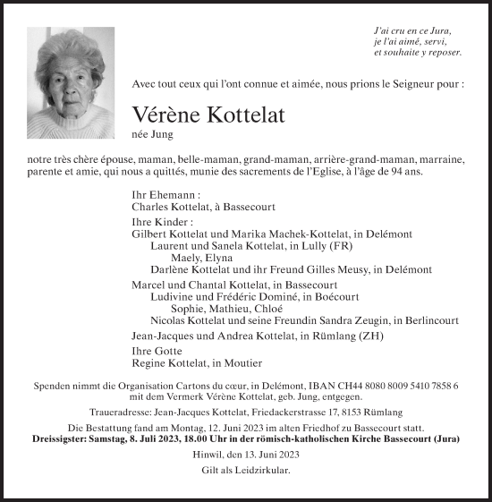 Traueranzeige von Verene Kottelat von ZO solo