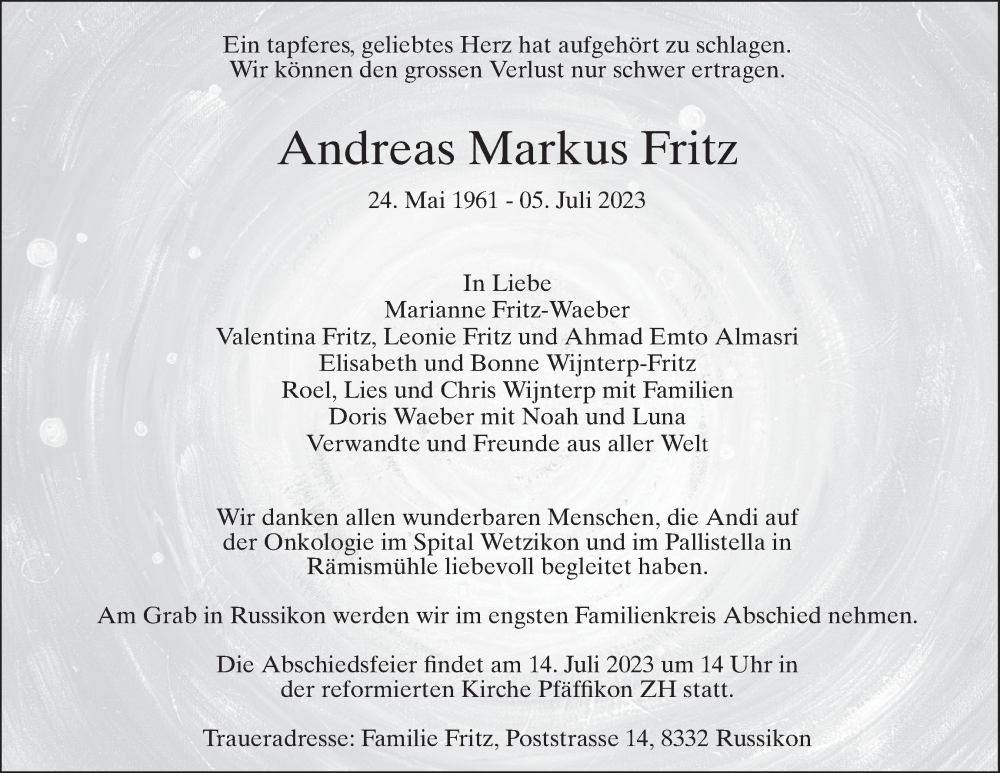  Traueranzeige für Andreas Markus Fritz vom 12.07.2023 aus AvU
