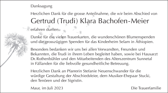 Traueranzeige von Gertrud Klara Bachofen-Meier von AvU