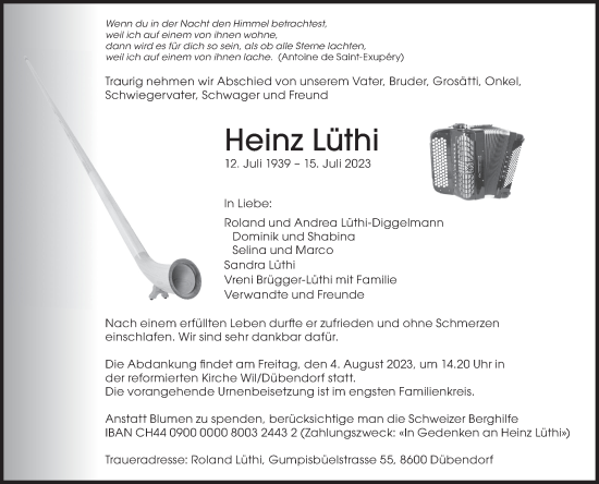 Traueranzeige von Heinz Lüthi von VO solo