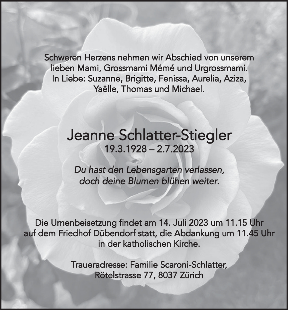 Traueranzeige für Jeanne Schlatter-Stiegler vom 07.07.2023 aus VO solo
