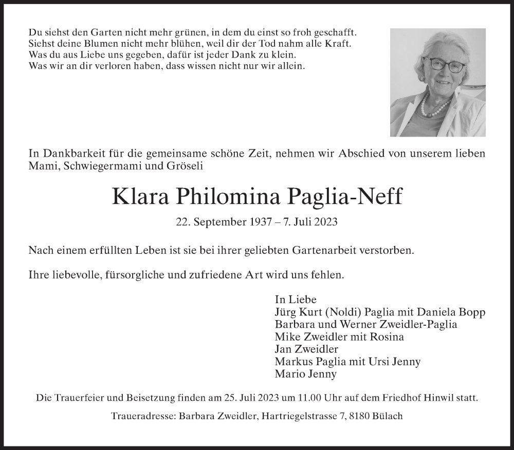  Traueranzeige für Klara Philomina Paglia-Neff vom 12.07.2023 aus AvU