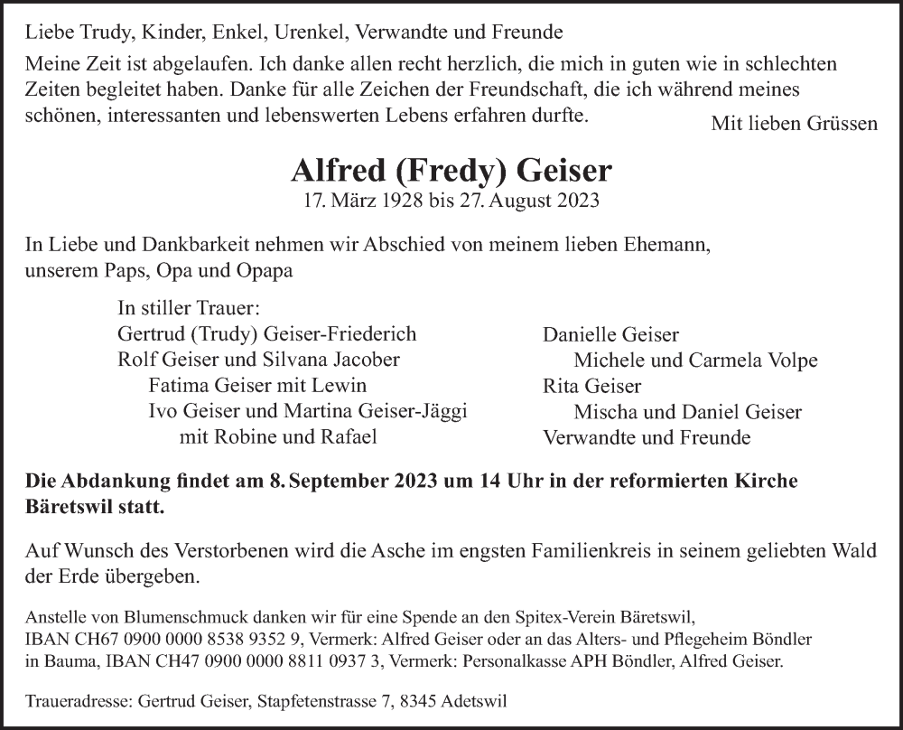  Traueranzeige für Alfred Geiser vom 31.08.2023 aus ZO solo