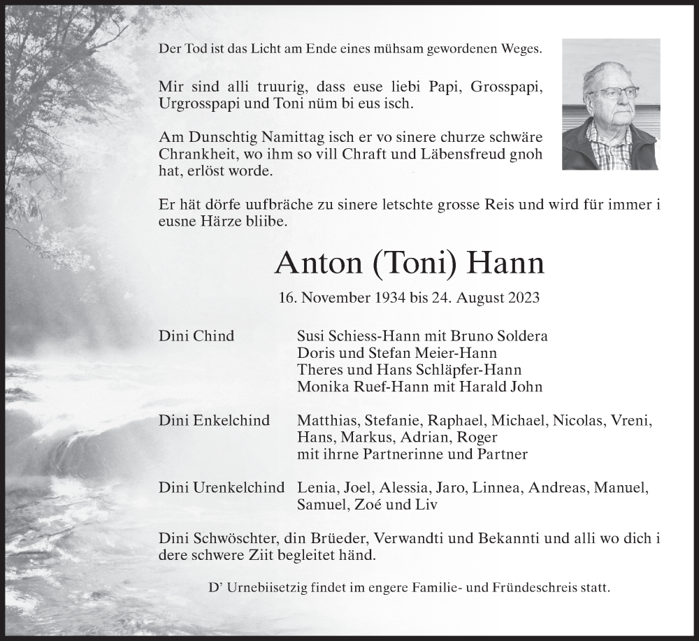  Traueranzeige für Anton Hann vom 30.08.2023 aus AvU