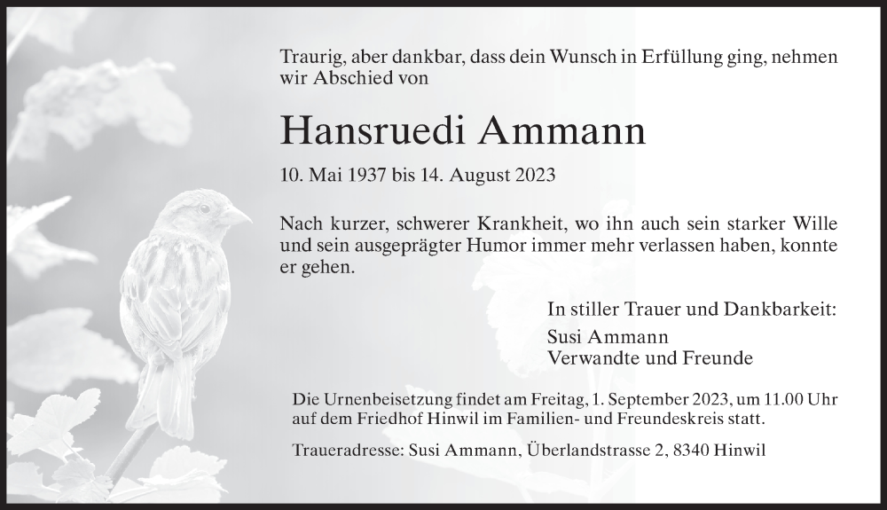  Traueranzeige für Hansruedi Ammann vom 23.08.2023 aus AvU