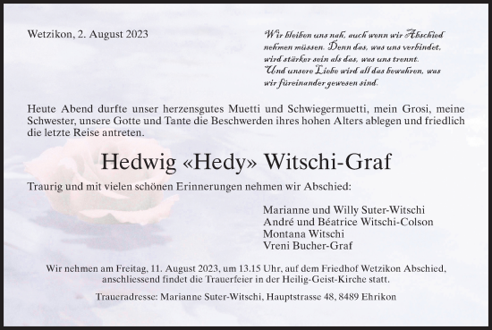 Traueranzeige von Hedwig  Witschi-Graf von AvU