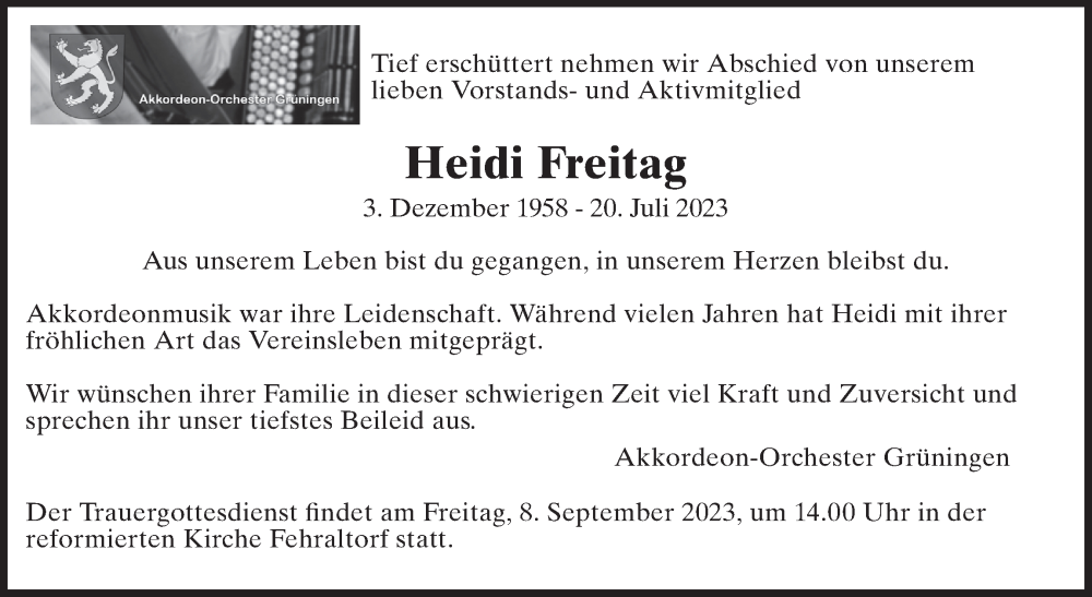  Traueranzeige für Heidi Freitag vom 30.08.2023 aus AvU