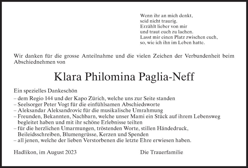  Traueranzeige für Klara Philomina Paglia-Neff vom 16.08.2023 aus AvU