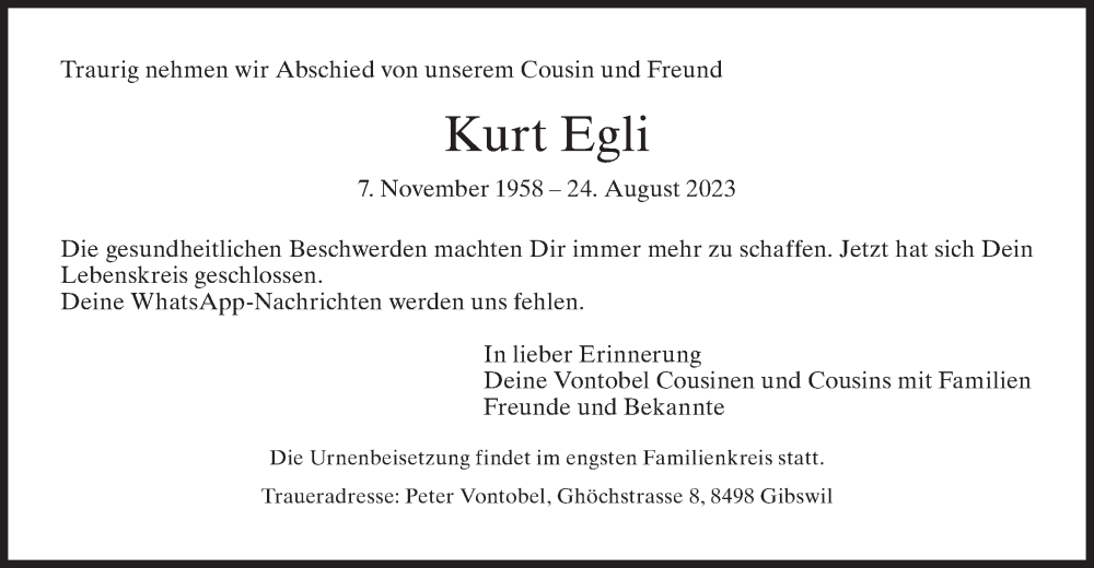  Traueranzeige für Kurt Egli vom 30.08.2023 aus AvU