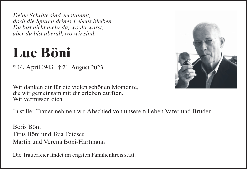  Traueranzeige für Luc Böni vom 01.09.2023 aus VO solo
