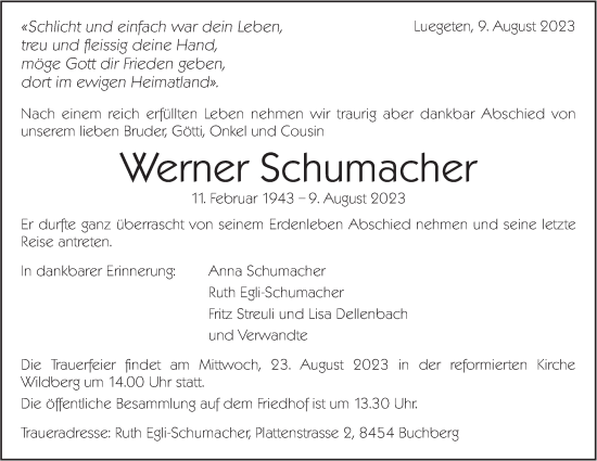 Traueranzeige von Werner Schumacher von ZO solo