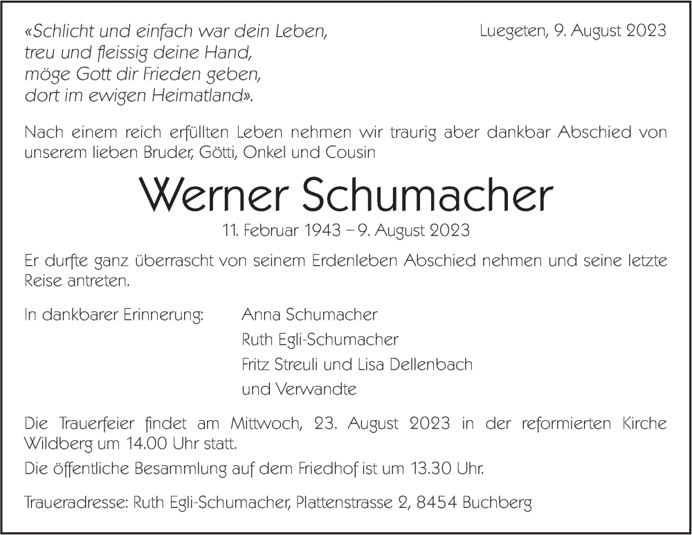  Traueranzeige für Werner Schumacher vom 18.08.2023 aus ZO solo
