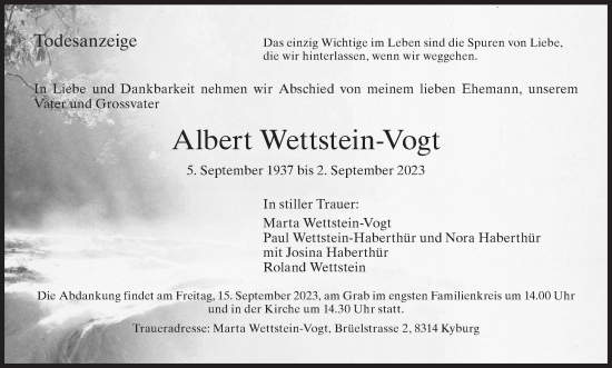 Traueranzeige von Albert Wettstein-Vogt von ZO solo