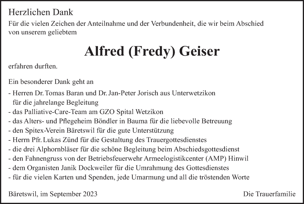  Traueranzeige für Alfred Geiser vom 20.09.2023 aus AvU