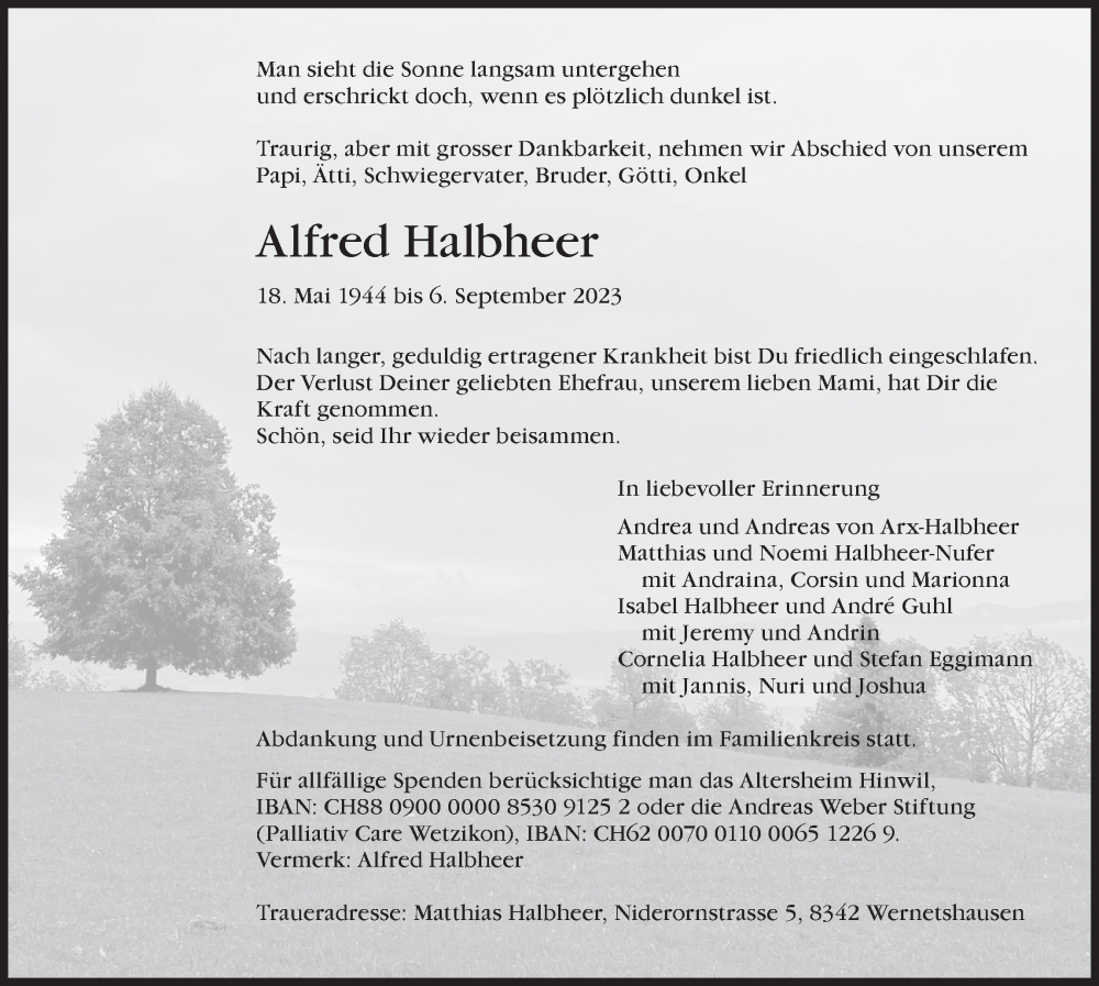  Traueranzeige für Alfred Halbheer vom 13.09.2023 aus AvU