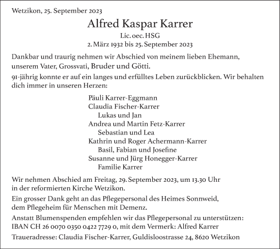 Traueranzeige von Alfred Kaspar Karrer von ZO solo