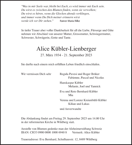 Traueranzeige von Alice Kübler-Lienberger von AvU