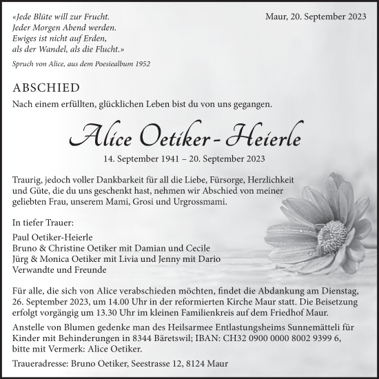 Traueranzeige von Alice Oetiker-Heierle von ZO solo