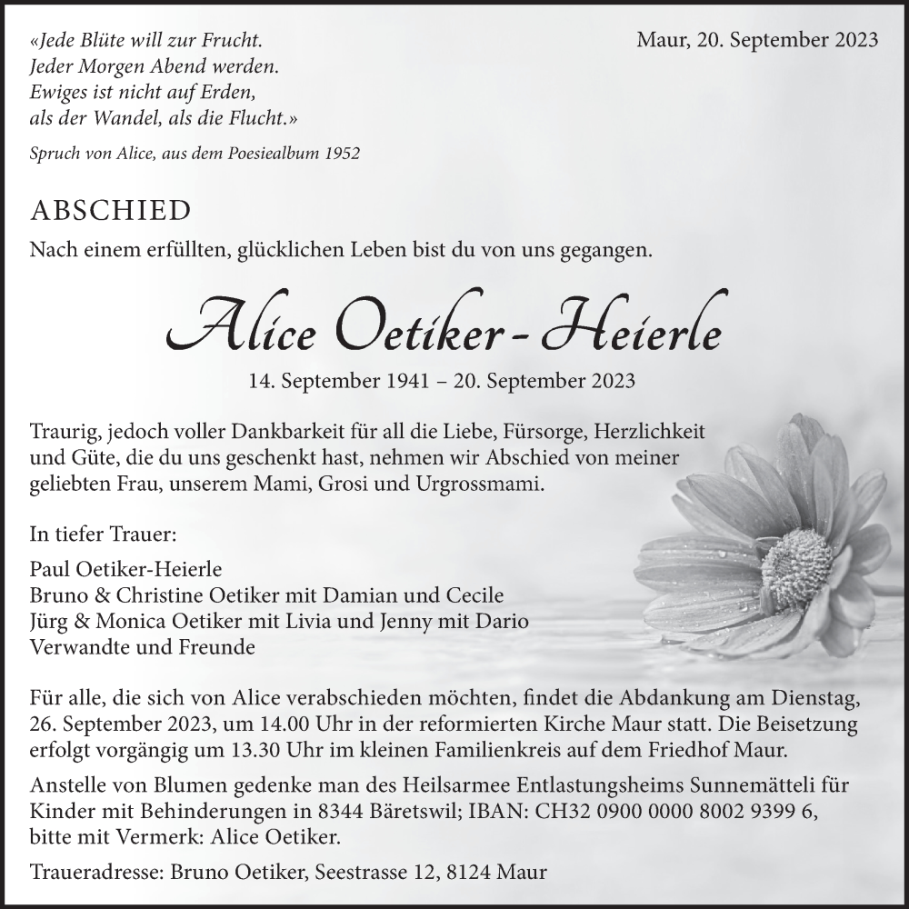  Traueranzeige für Alice Oetiker-Heierle vom 22.09.2023 aus ZO solo