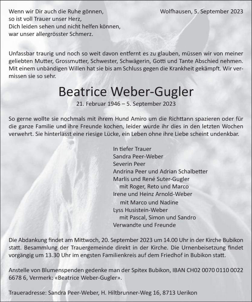  Traueranzeige für Beatrice Weber-Gugler vom 13.09.2023 aus AvU