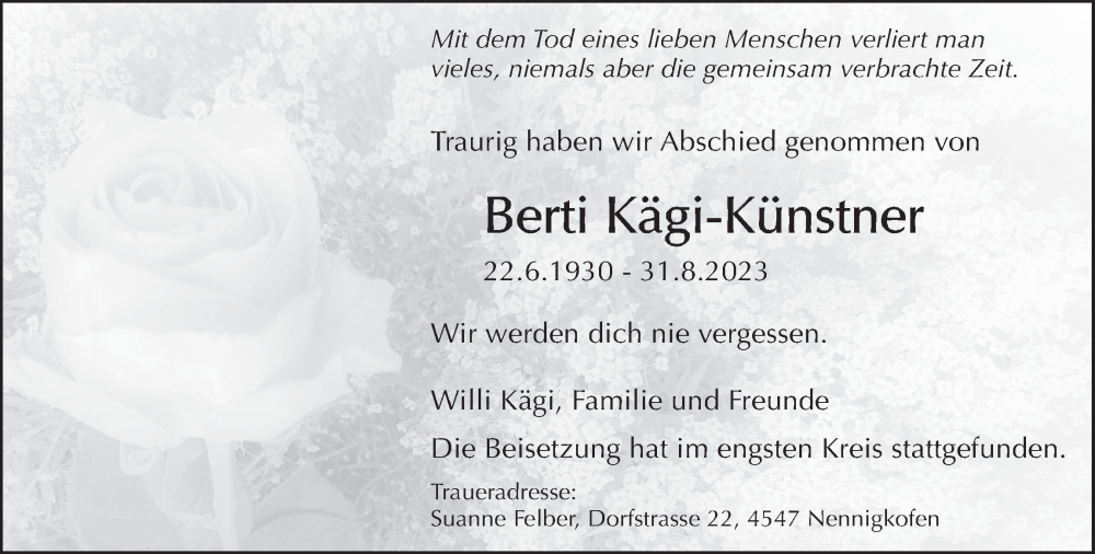  Traueranzeige für Berti Kägi-Künstner vom 16.09.2023 aus ZO solo