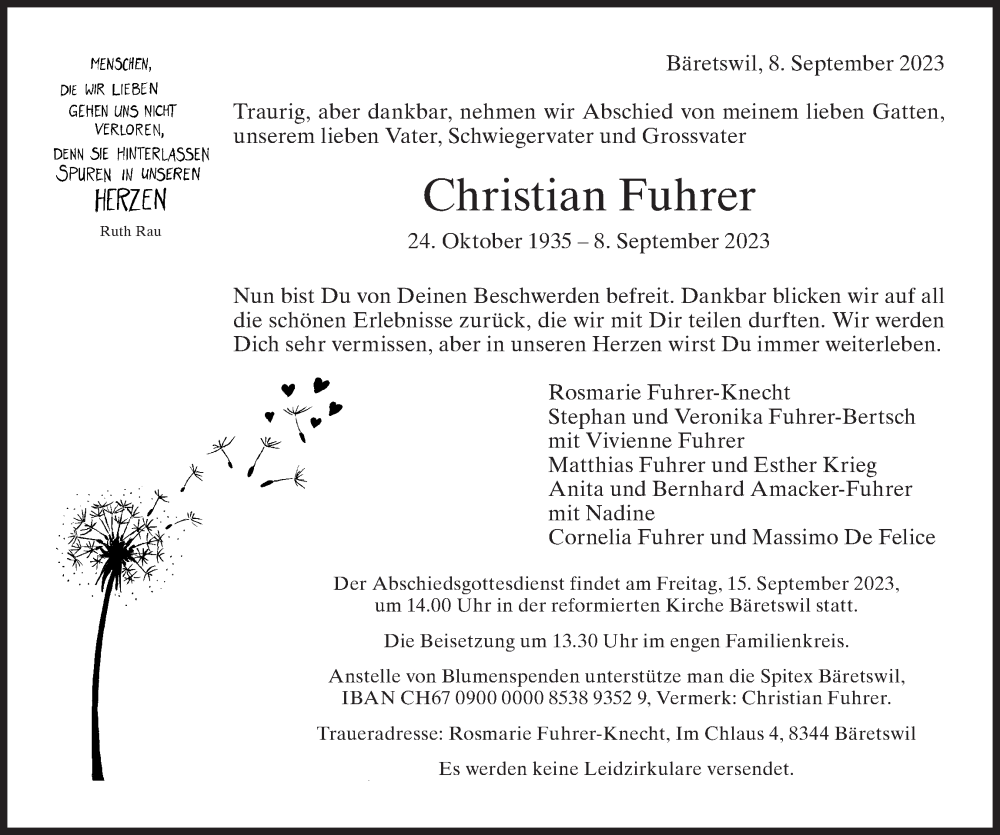  Traueranzeige für Christian Fuhrer vom 13.09.2023 aus AvU
