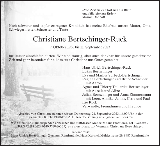Traueranzeige von Christiane Bertschinger-Ruck von ZO solo