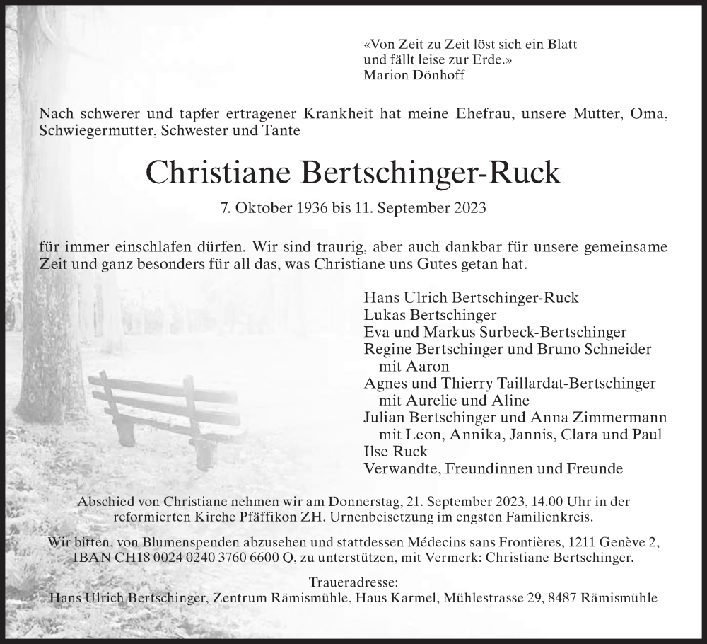  Traueranzeige für Christiane Bertschinger-Ruck vom 15.09.2023 aus ZO solo