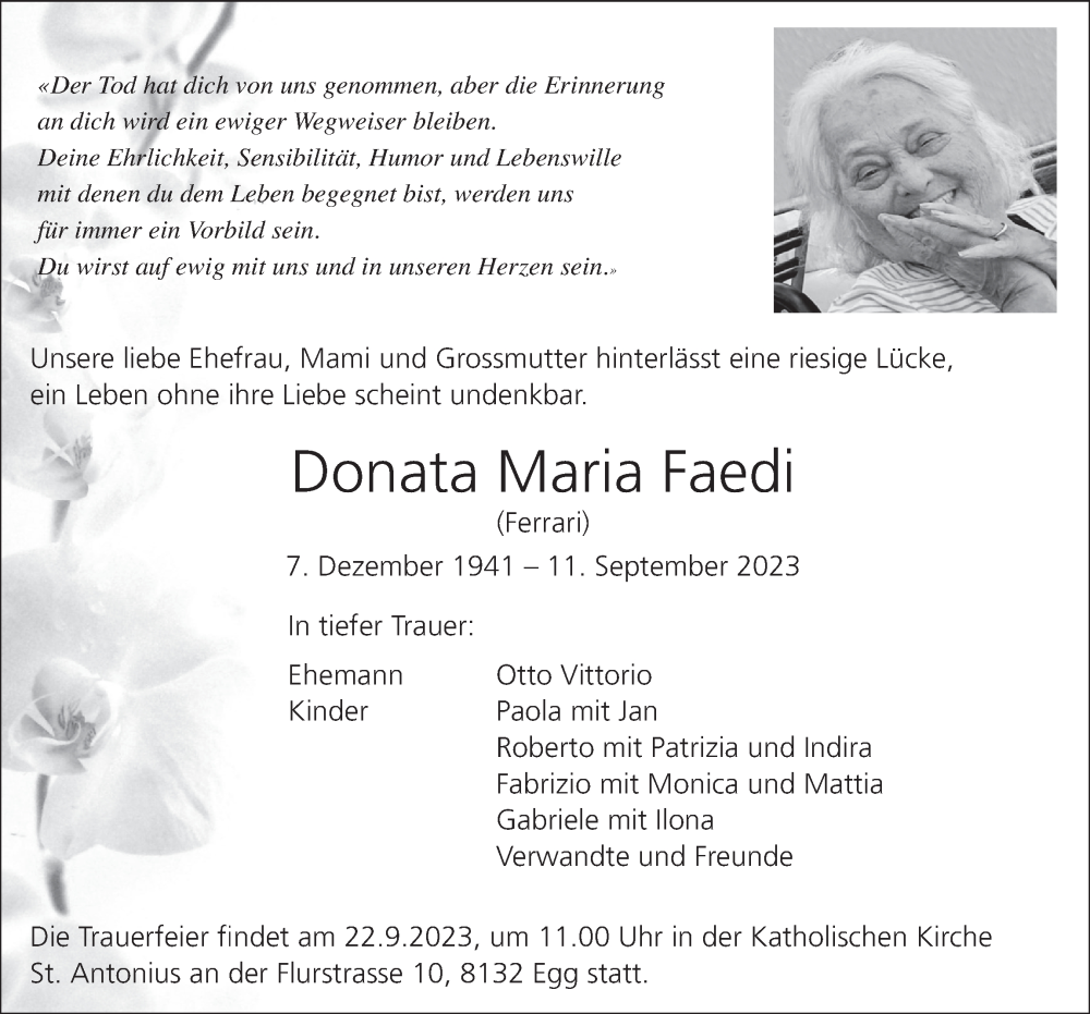  Traueranzeige für Donata  Faedi vom 20.09.2023 aus AvU