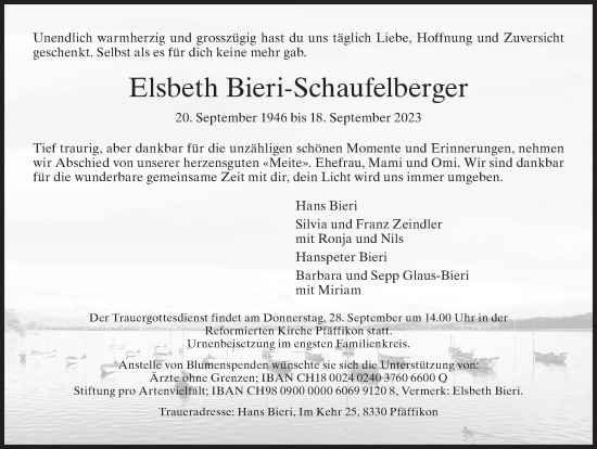 Traueranzeige von Elsbeth Bieri-Schaufelberger von ZO solo