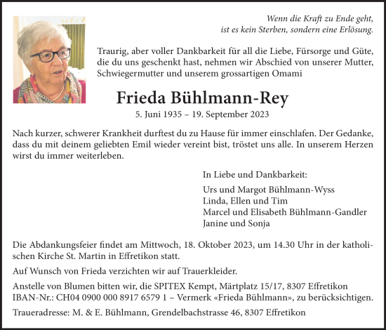 Traueranzeige von Frieda Bühlmann-Rey von reg_2