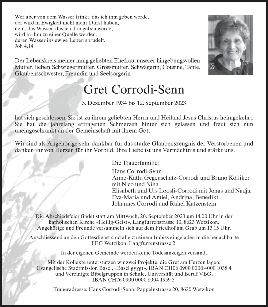  Traueranzeige für Gret Corrodi-Senn vom 16.09.2023 aus ZO solo